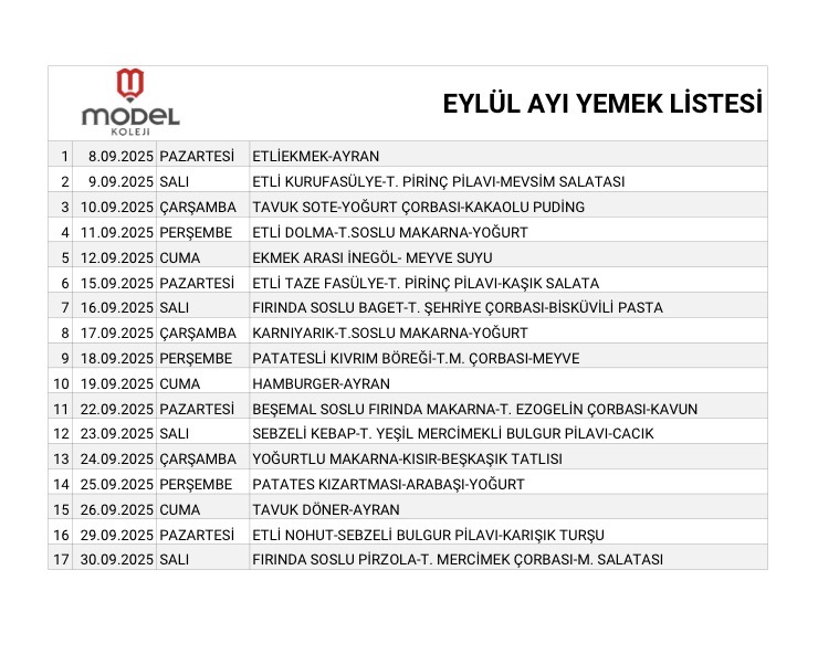 Eylül Ayı Yemek Listesi