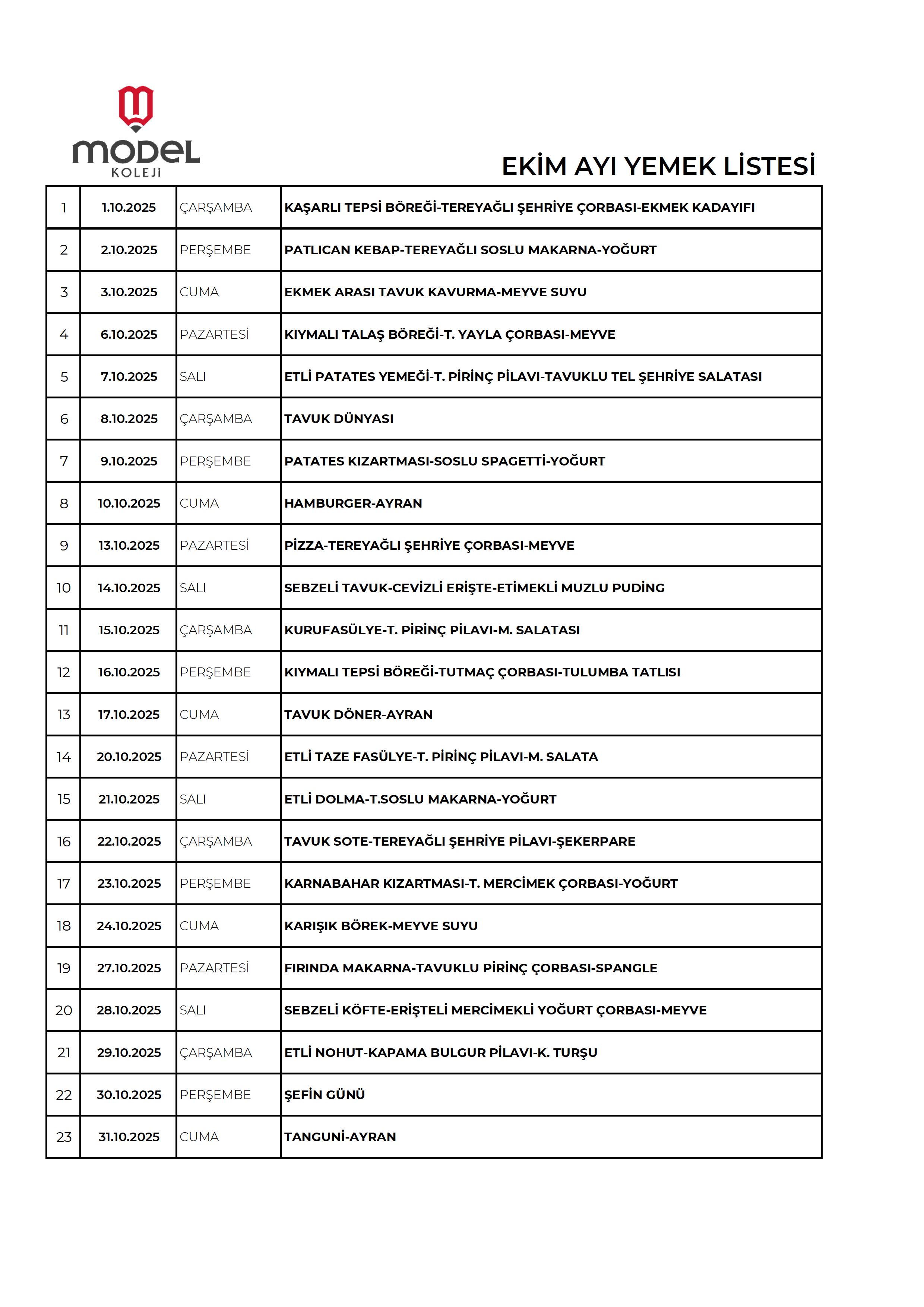 Ekim Ayı Yemek Listesi