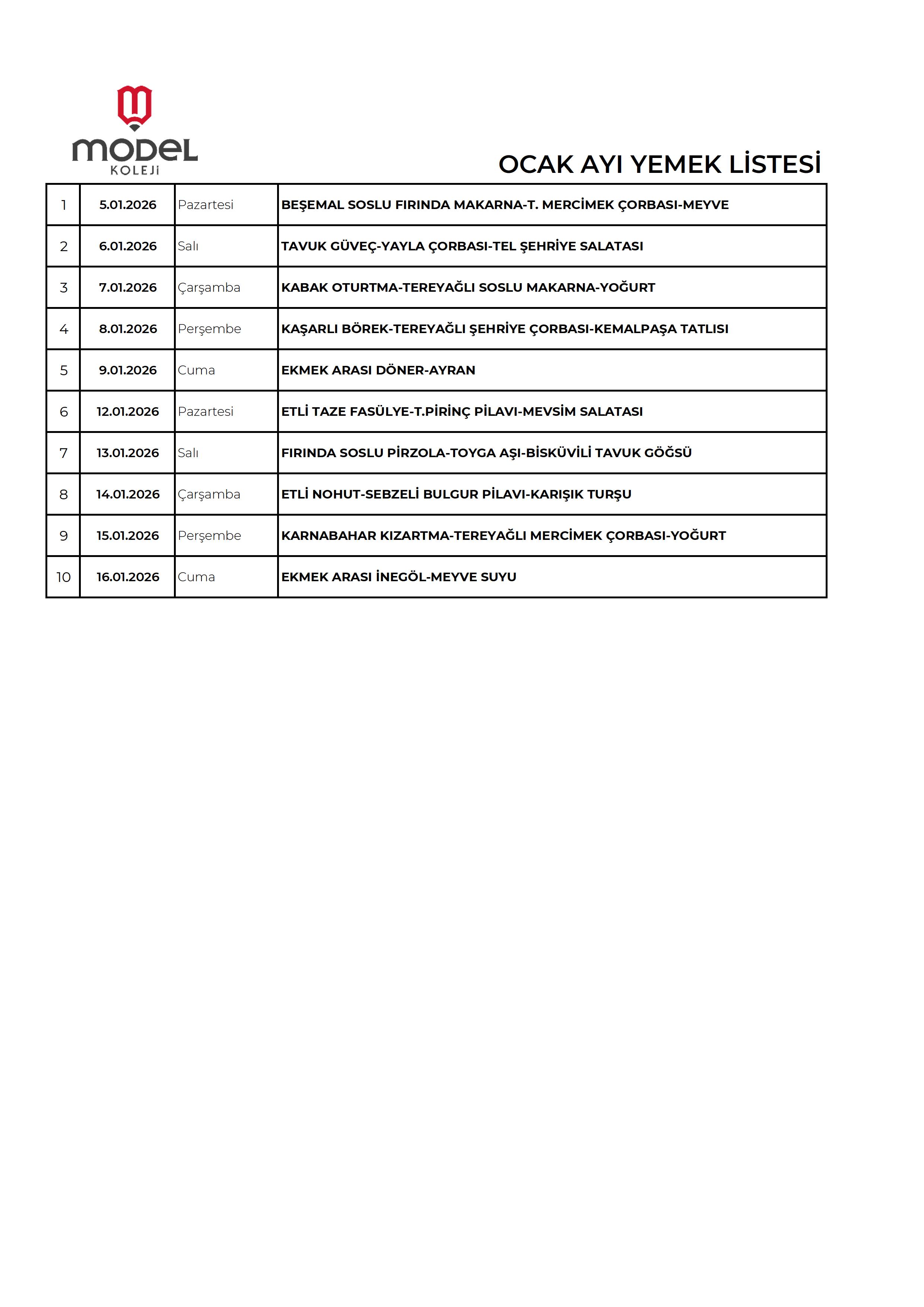 Ocak Ayı Yemek Listesi
